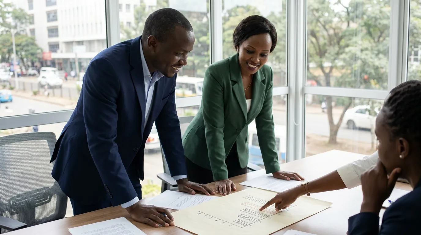 Two advisors discussing a growth plan with a client around a meeting table