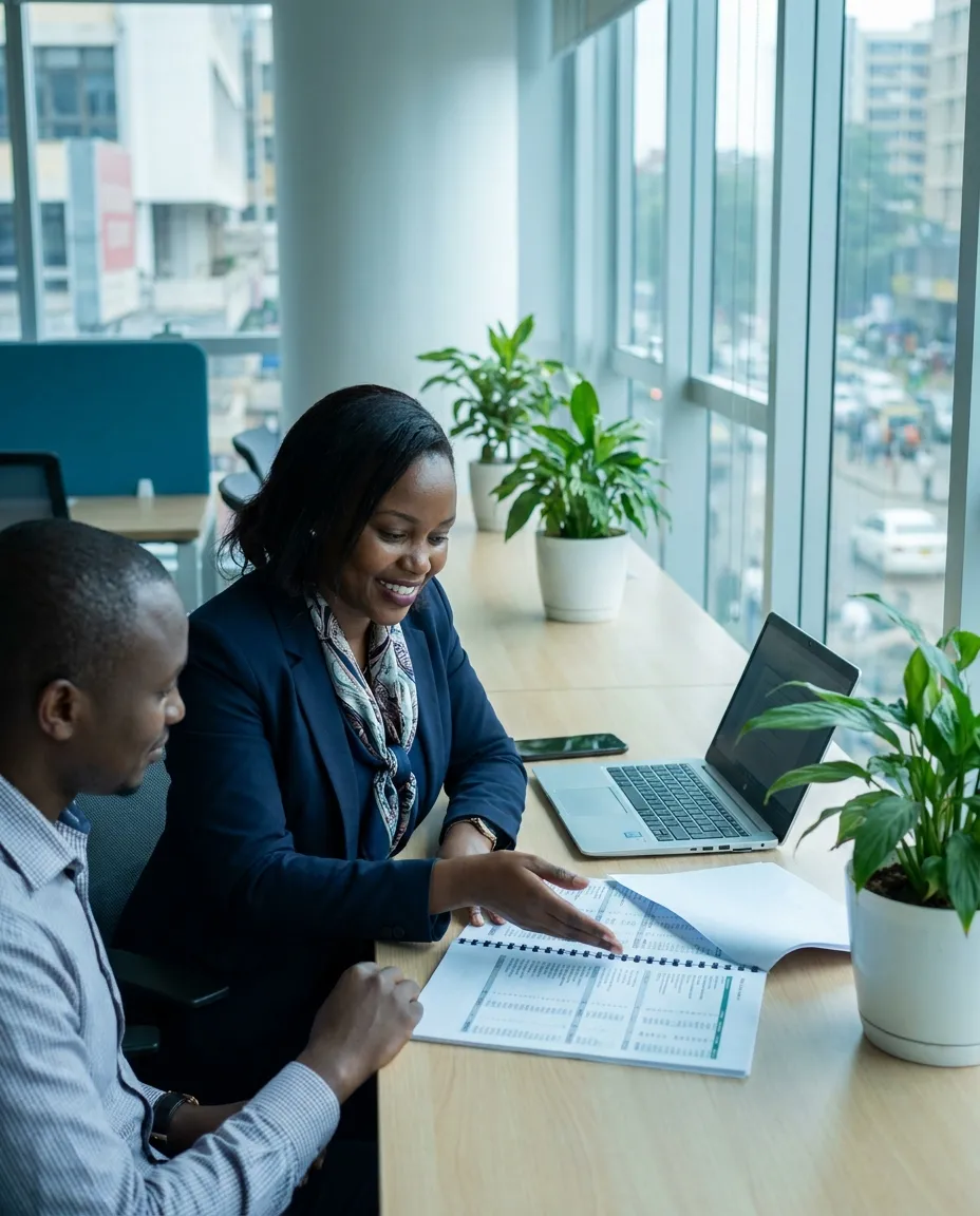 A Borice accountant reviewing financial statements with a business owner