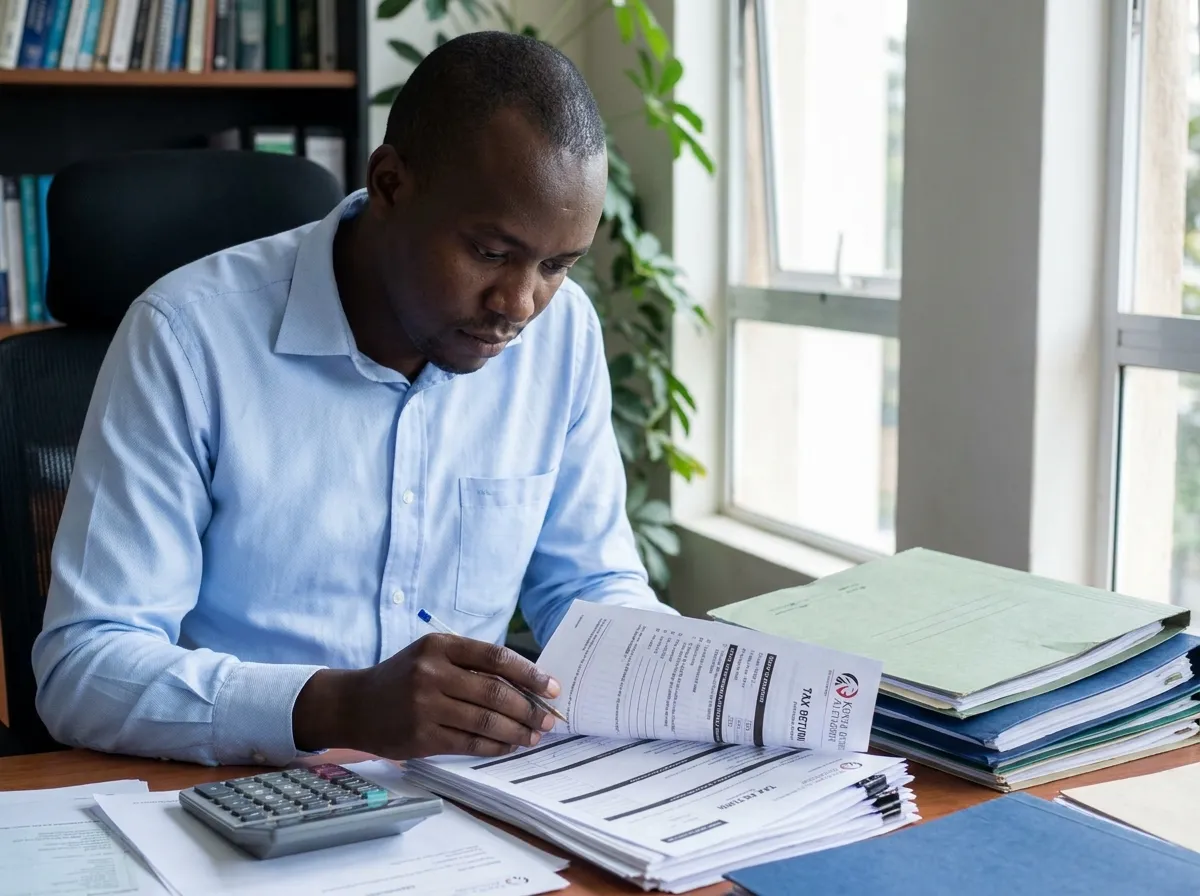 An accountant checking a tax return with a pen, folders and a calculator beside him